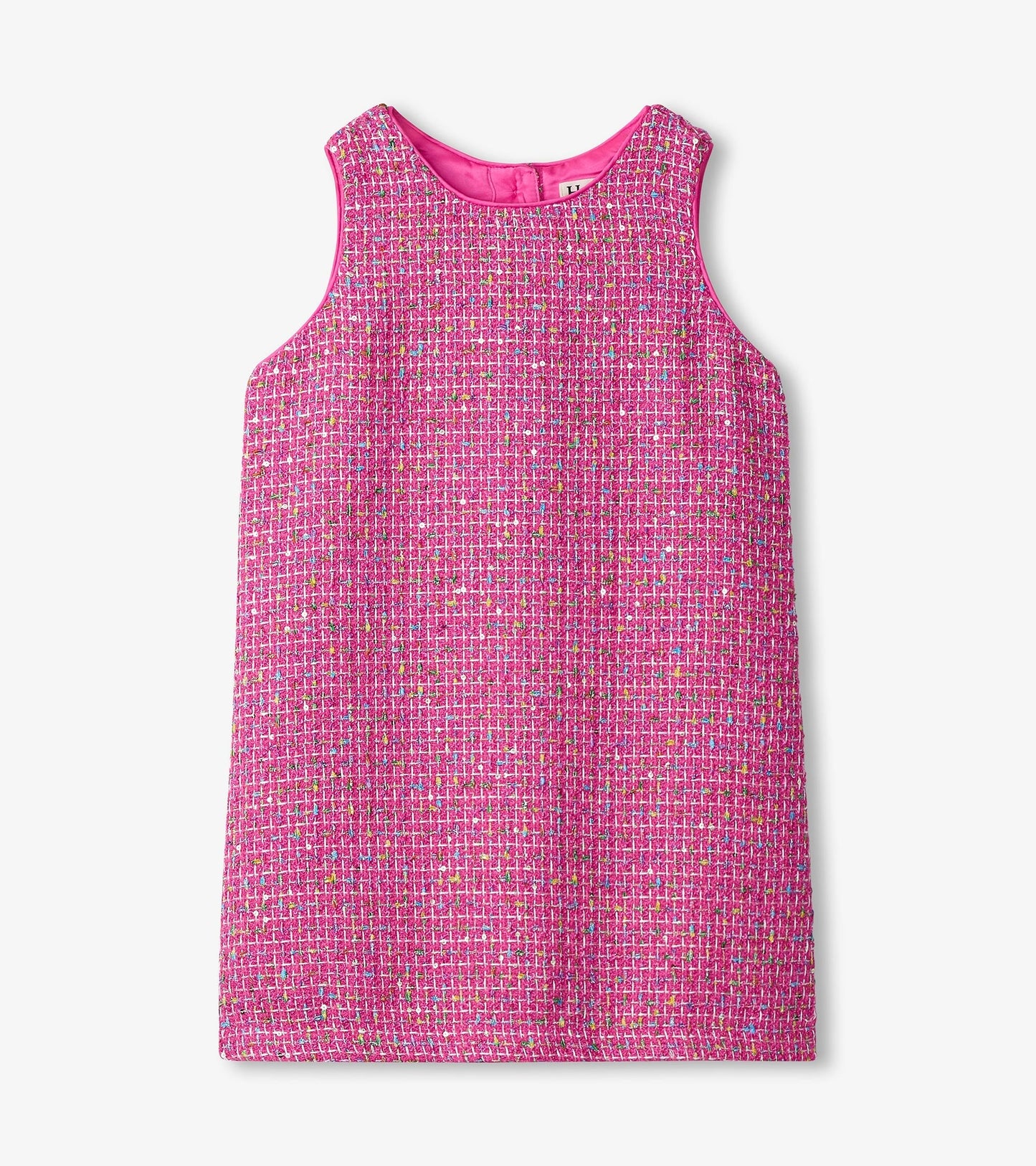 Sleeveless dress in rose violet tweed with a textured pattern and round neckline, suitable for casual wear.