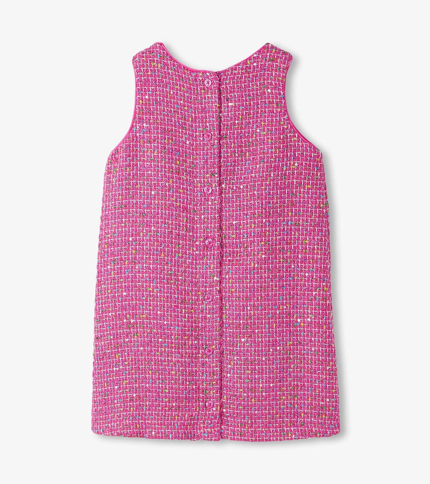 Pink tweed dress with a textured pattern and button closure at the back, suitable for girls.