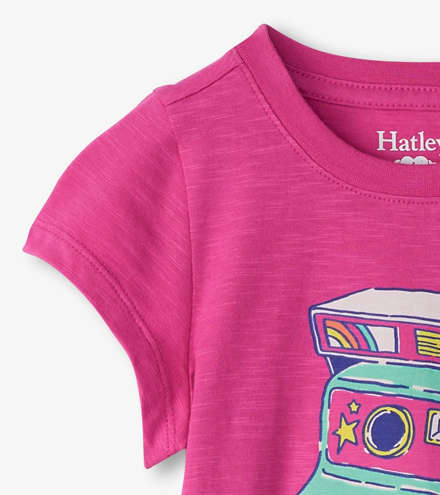 Bright pink graphic tee featuring a colorful retro camera design, perfect for casual wear.