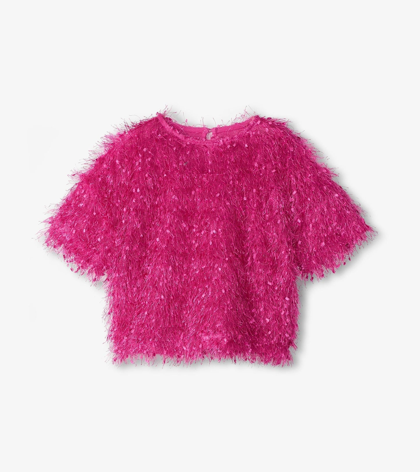 Fluffy knit sweater in vibrant rose violet with short sleeves and a soft, textured finish.