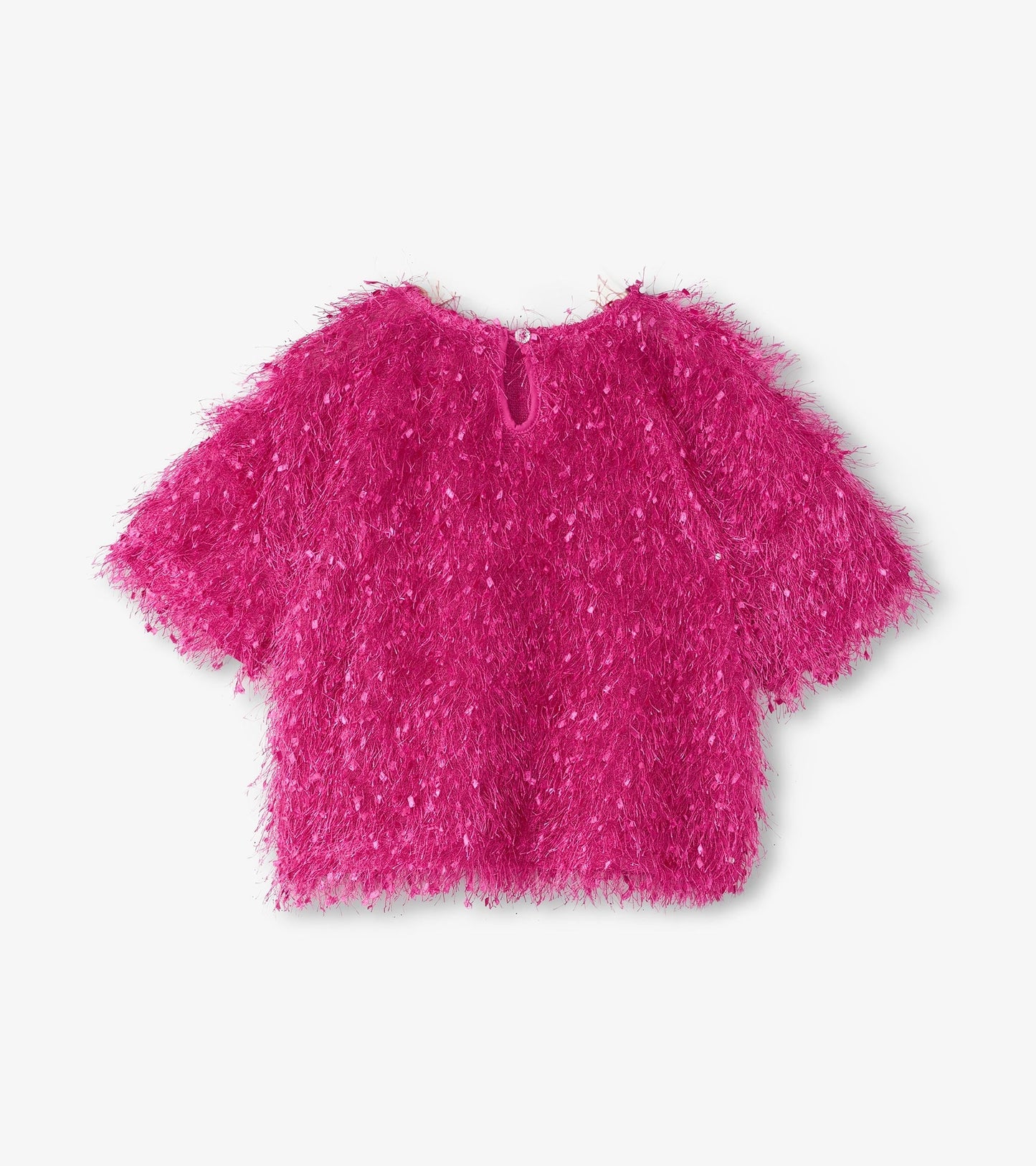 Fluffy knit sweater in vibrant rose violet with short sleeves and a button closure at the back.