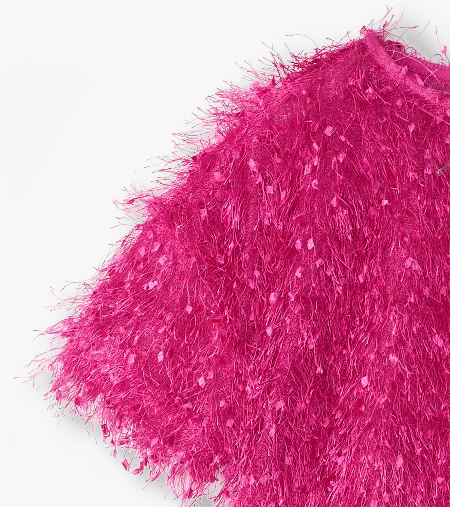 Fluffy knit sweater in vibrant rose violet with textured, feathery material and a round neckline.
