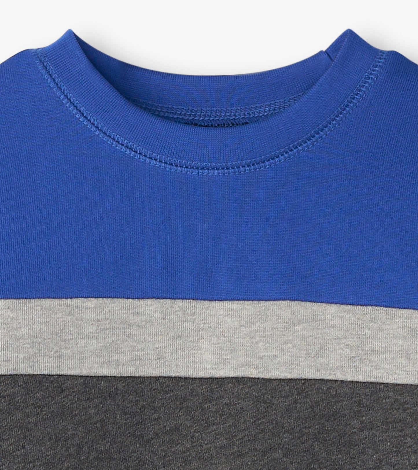 Blue, gray, and black striped panel sweatshirt with a crew neckline, suitable for casual wear.