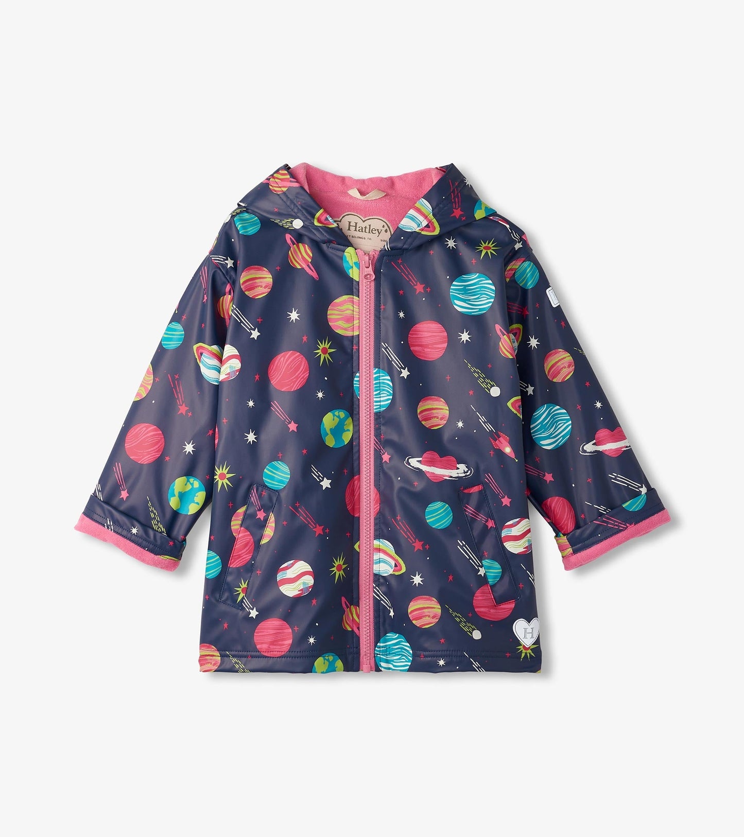 Navy zip-up rain jacket featuring colorful planets and stars, with a pink interior and cuffs. Suitable for girls.