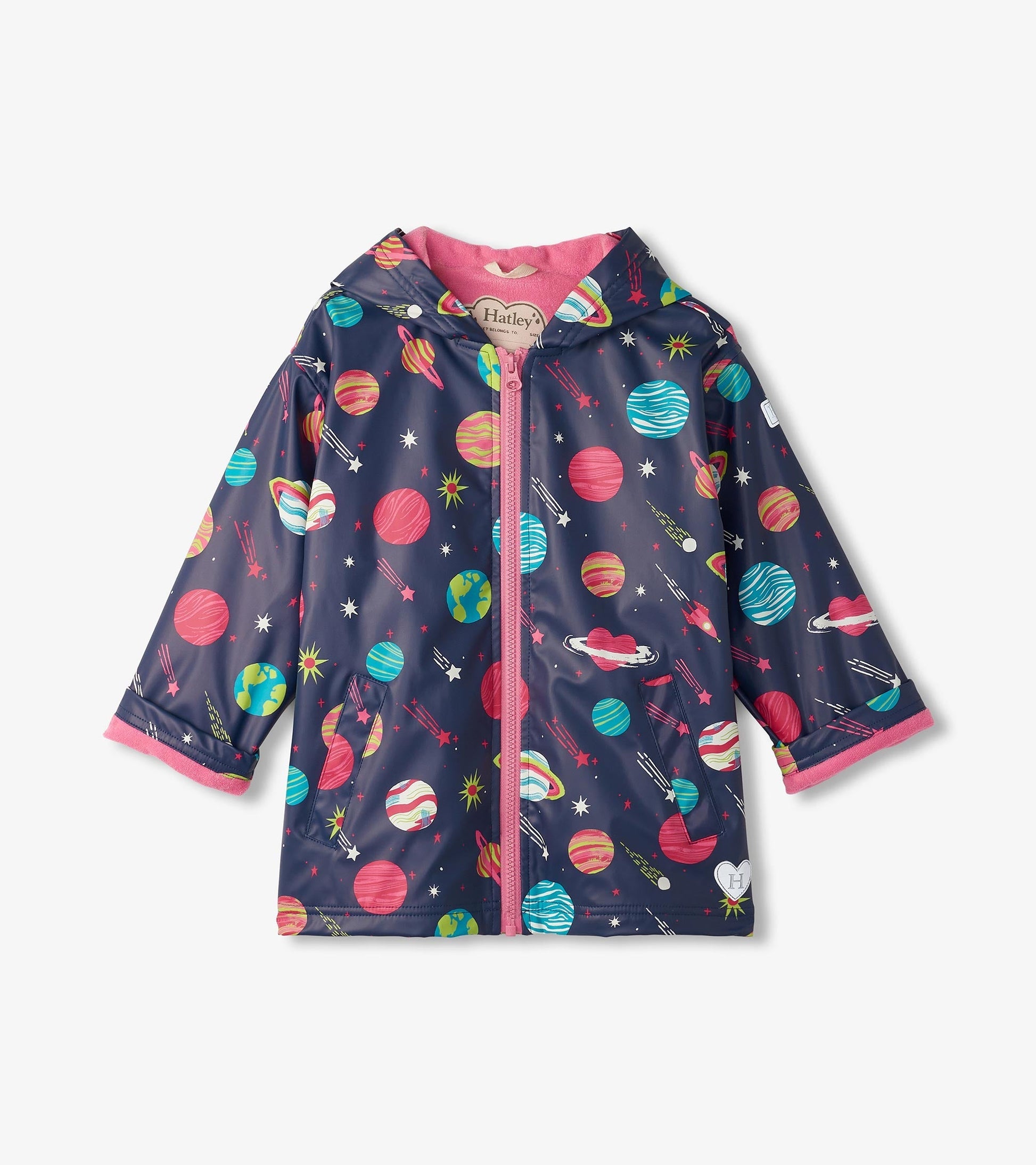 Navy zip-up rain jacket featuring colorful planets and stars, with a pink interior and cuffs. Suitable for girls.