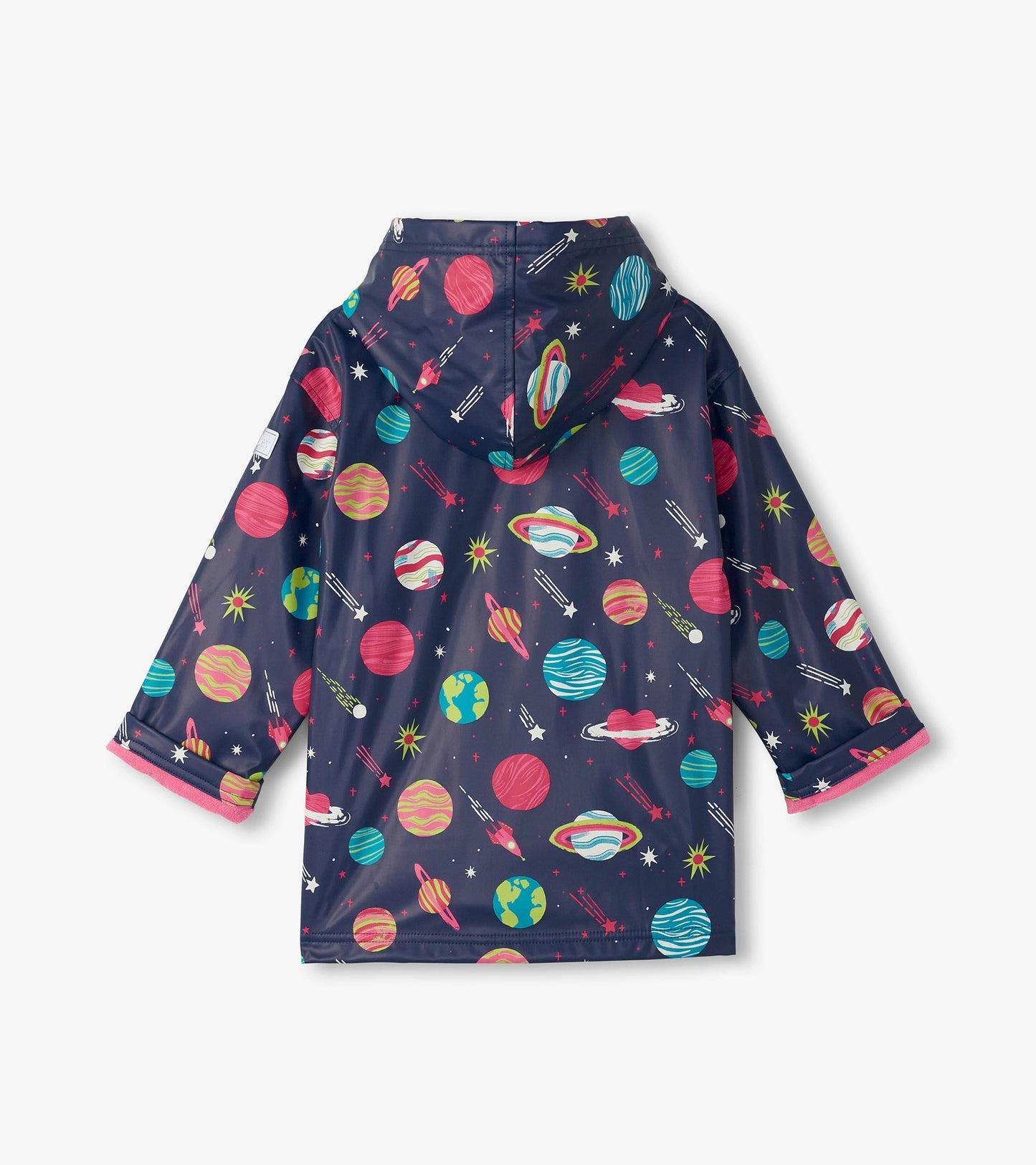 Navy zip-up rain jacket featuring colorful planet and rocket patterns, with a hood and pink trim on the sleeves.