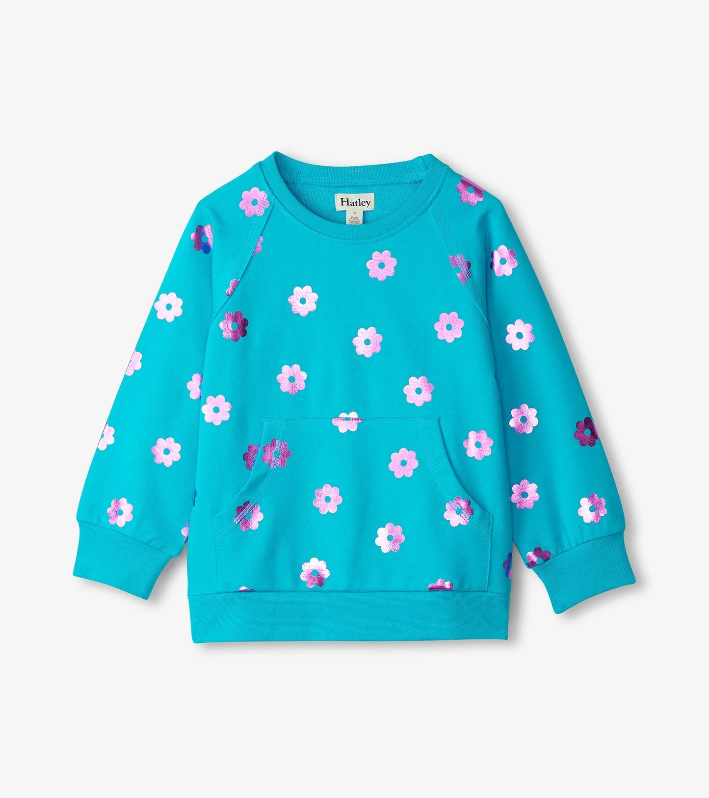 Turquoise sweater featuring a floral pattern in pink and purple, with a front pocket and ribbed cuffs.