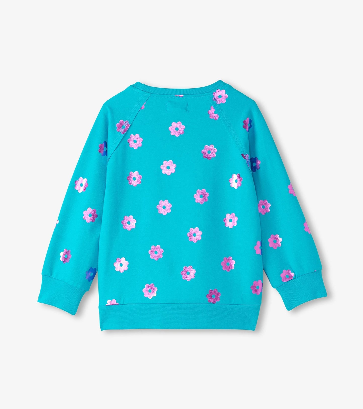 Turquoise sweater with pink and purple flower patterns, featuring long sleeves and a round neckline.