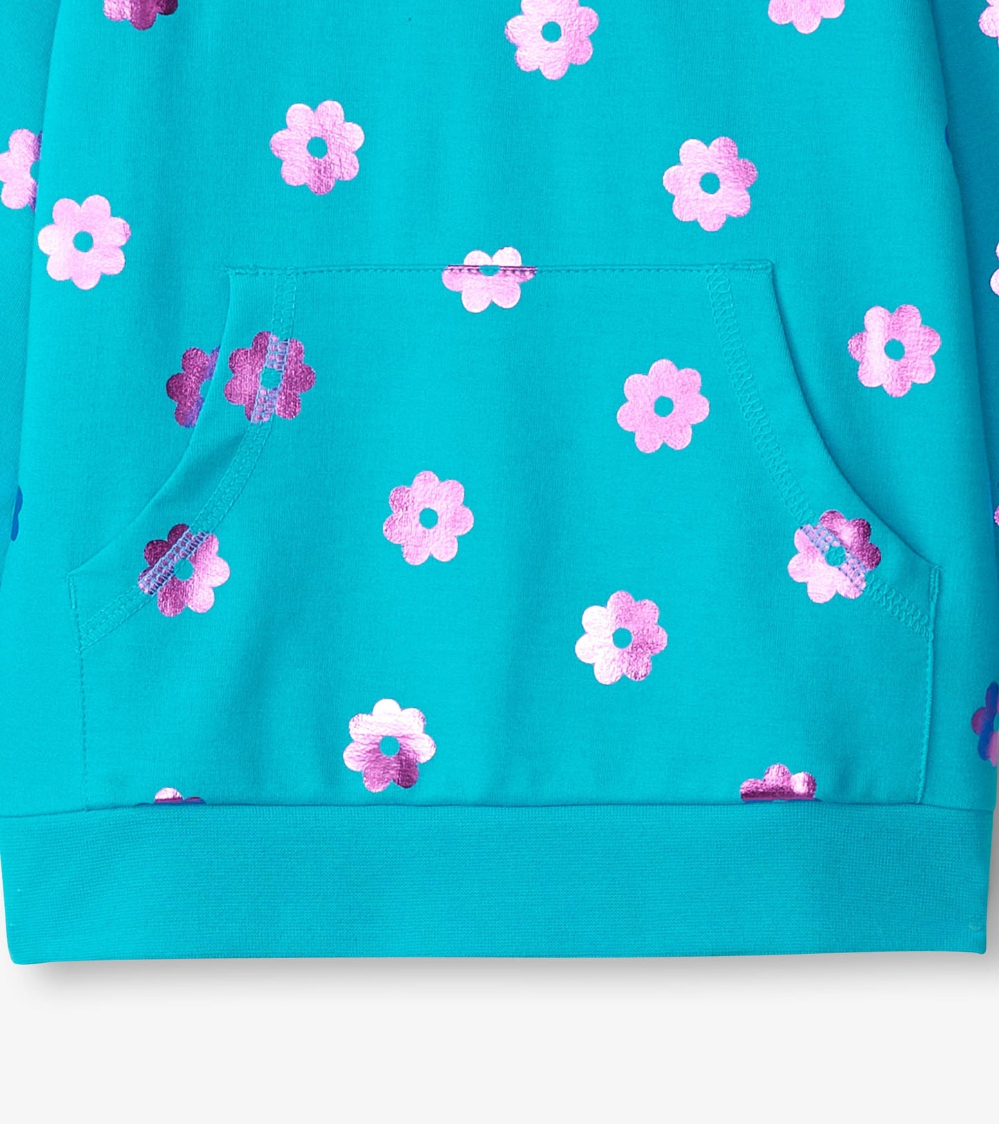 Turquoise sweater featuring a floral pattern with shiny pink and purple flowers, includes a front pocket.