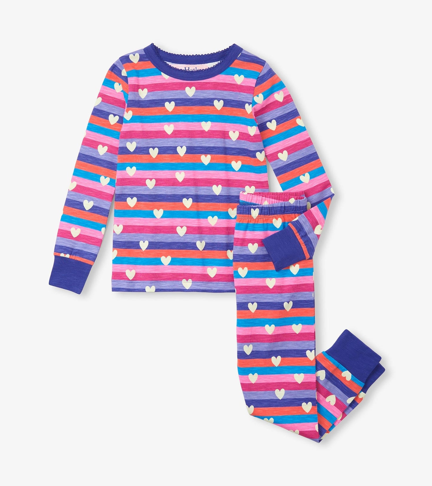 Long-sleeve pajama set featuring colorful stripes and heart patterns in purple, pink, and blue tones.