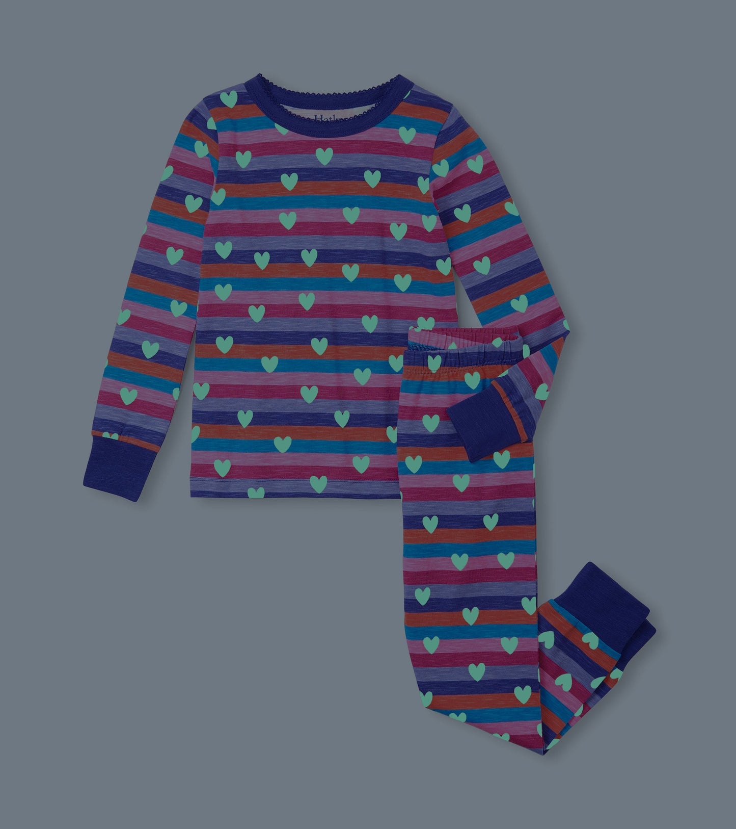 Purple striped pajama set featuring colorful hearts, long sleeves, and elastic waistband pants.
