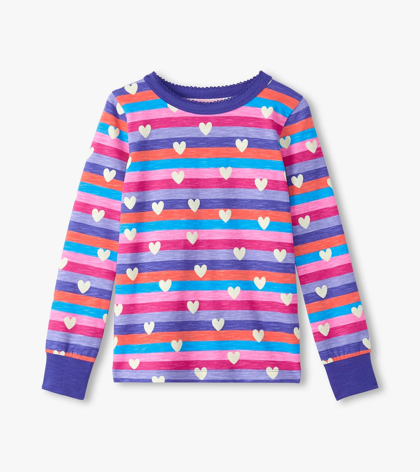 Purple long-sleeve pajama top featuring colorful stripes and white hearts, with a ribbed neckline and cuffs.