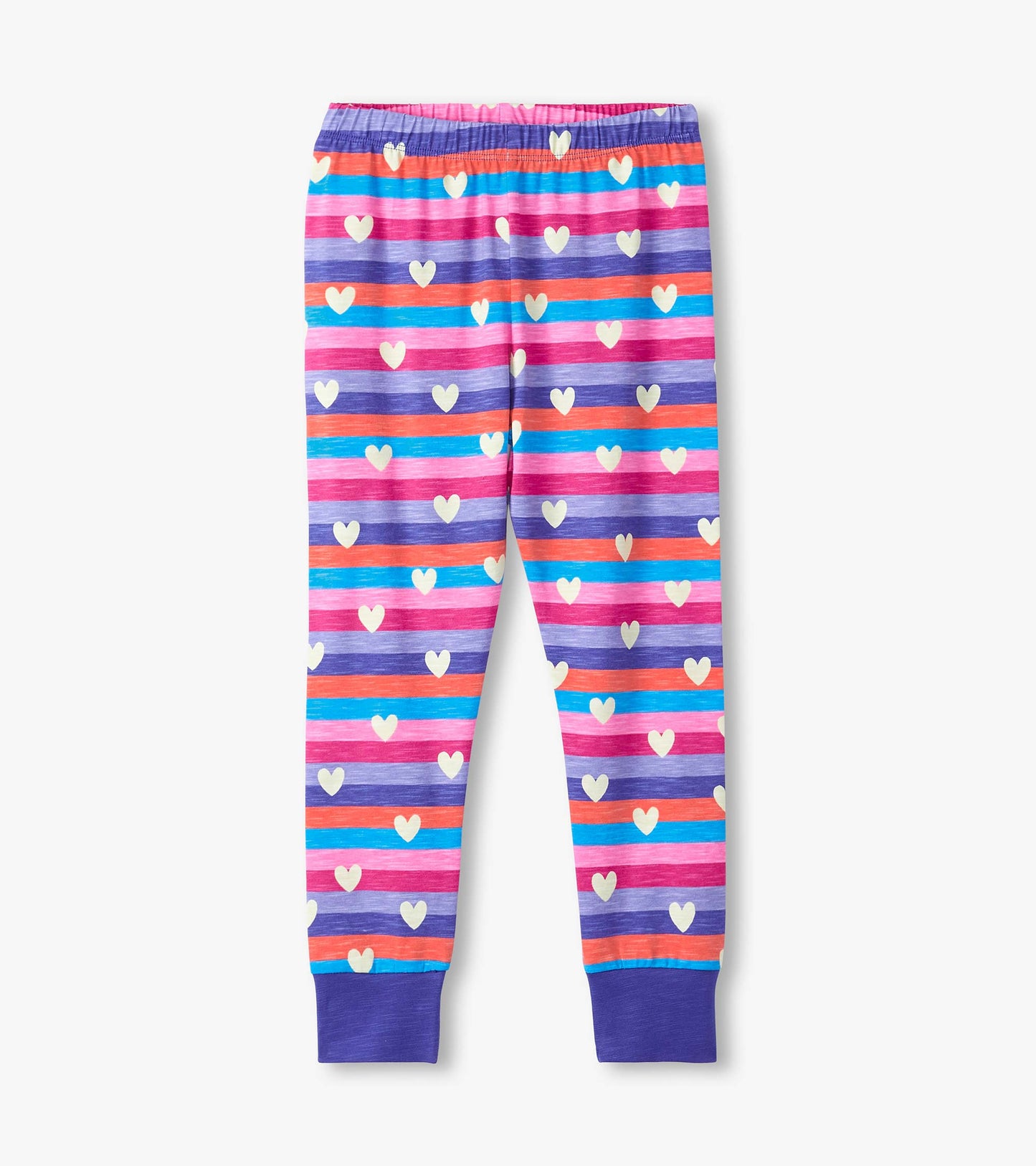 Colorful pajama pants featuring horizontal stripes in pink, purple, and blue with white hearts, elastic waistband, and cuffs.
