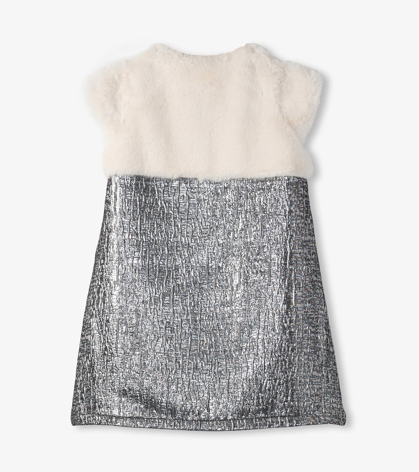 Faux fur jacquard dress featuring a soft white top and a shiny silver textured skirt, suitable for special occasions.