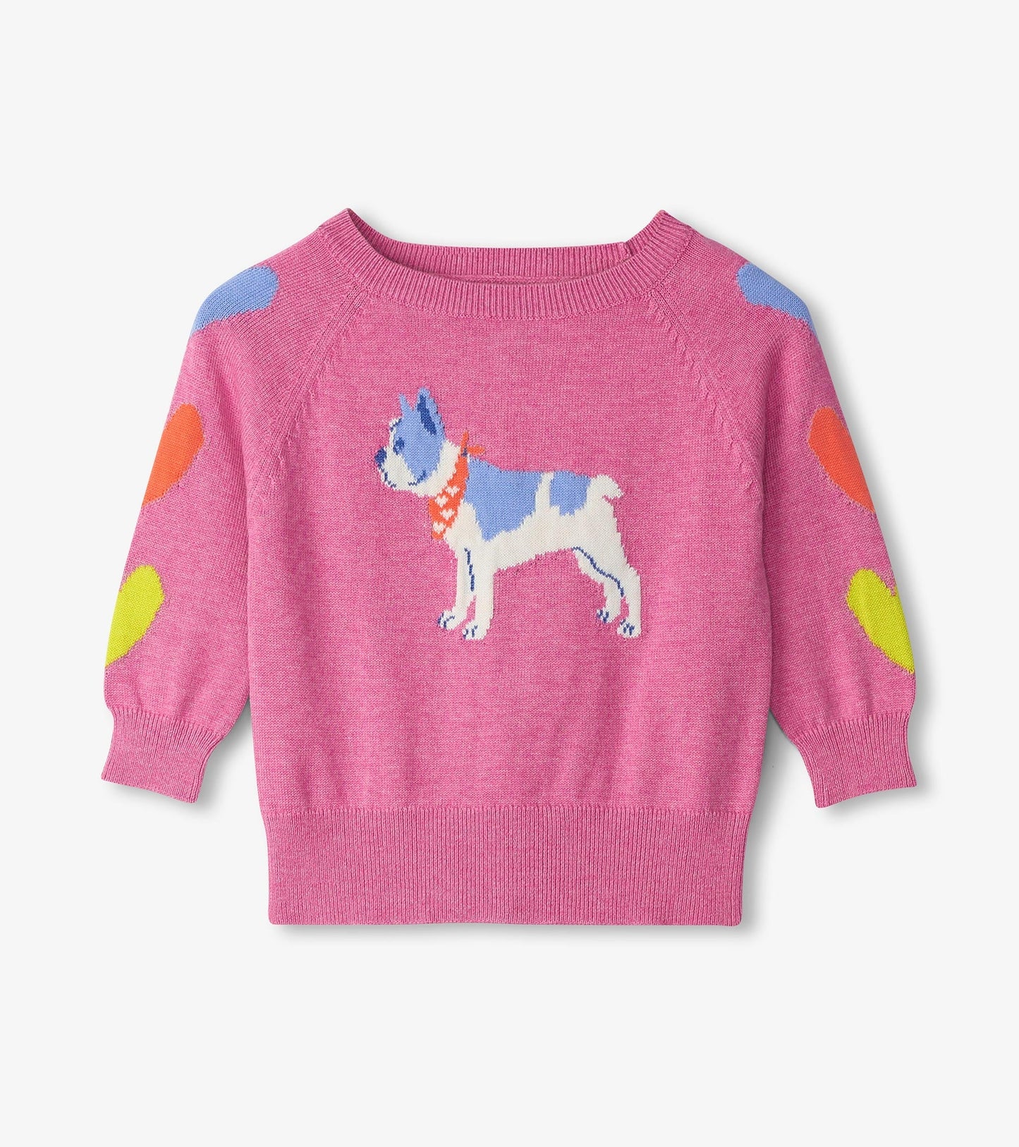 Pink sweater featuring a French bulldog design and colorful heart patterns on the sleeves, suitable for baby and toddler gir…