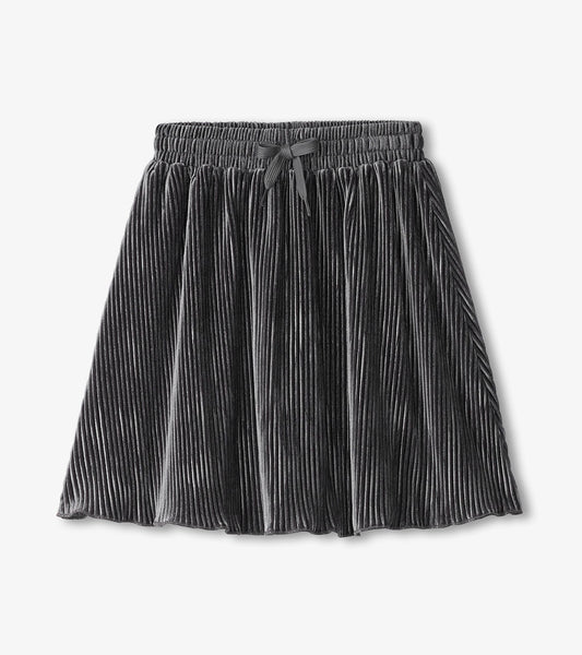 Silver pleated velour skirt with an elastic waistband and bow detail, suitable for girls.