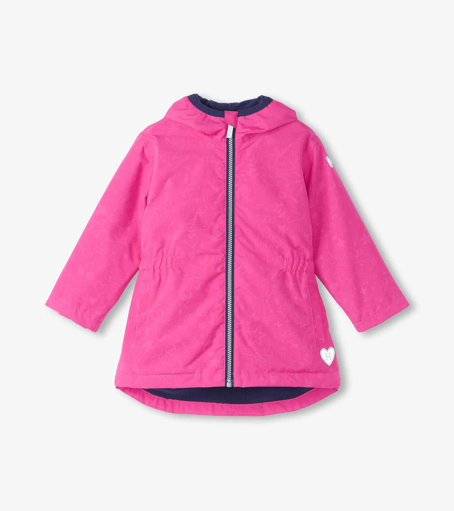 Lightweight pink zip-up rain jacket with a hood, featuring a subtle unicorn doodle pattern and elastic waist.