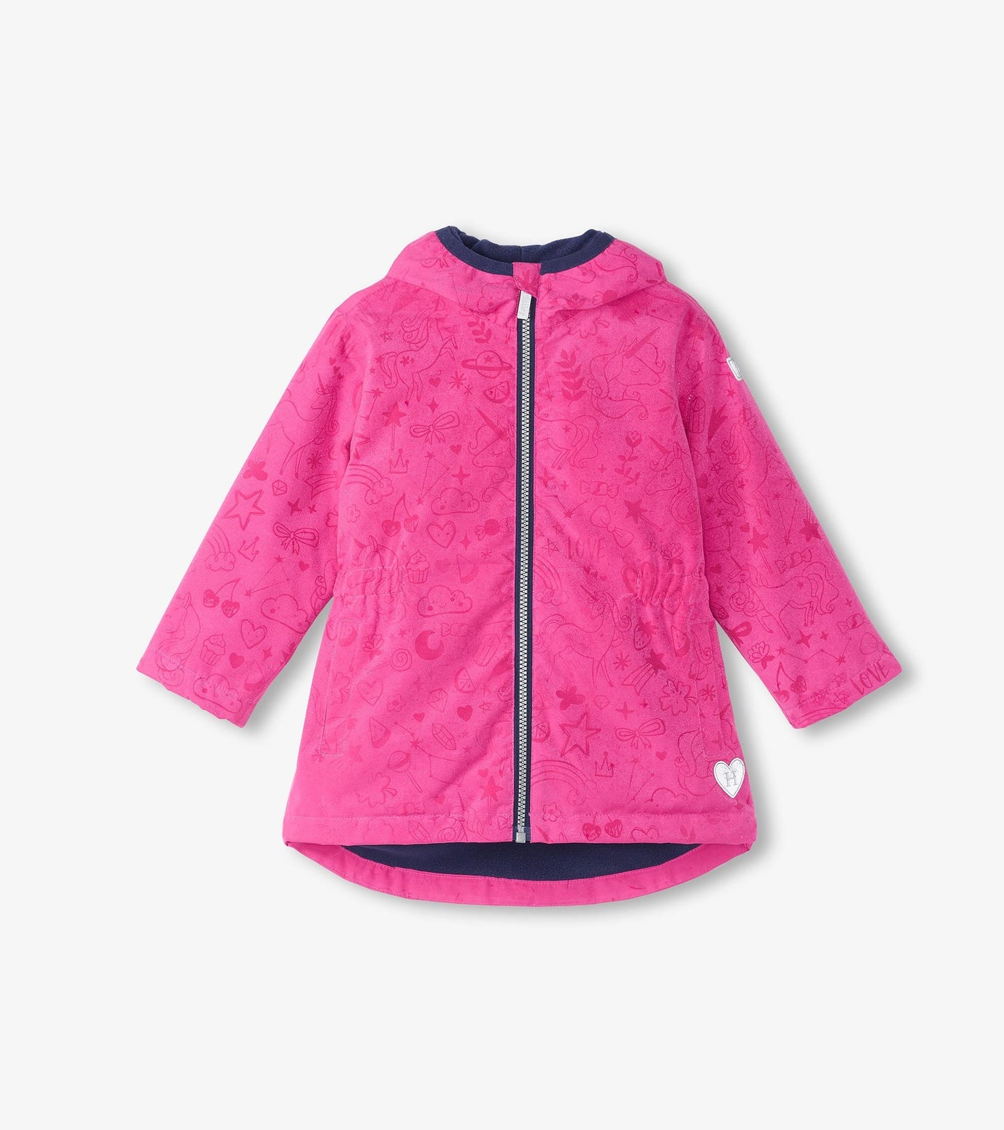 Lightweight pink rain jacket with unicorn doodle pattern, zip-up front, and hood. Suitable for girls, available in various s…
