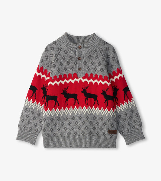 Gray mockneck sweater featuring a red and white reindeer pattern, with brown buttons and ribbed cuffs.