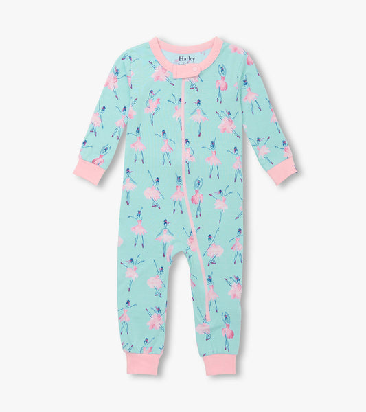 Light blue bamboo sleeper with pink trim, featuring a ballet dancer print, designed for baby girls.