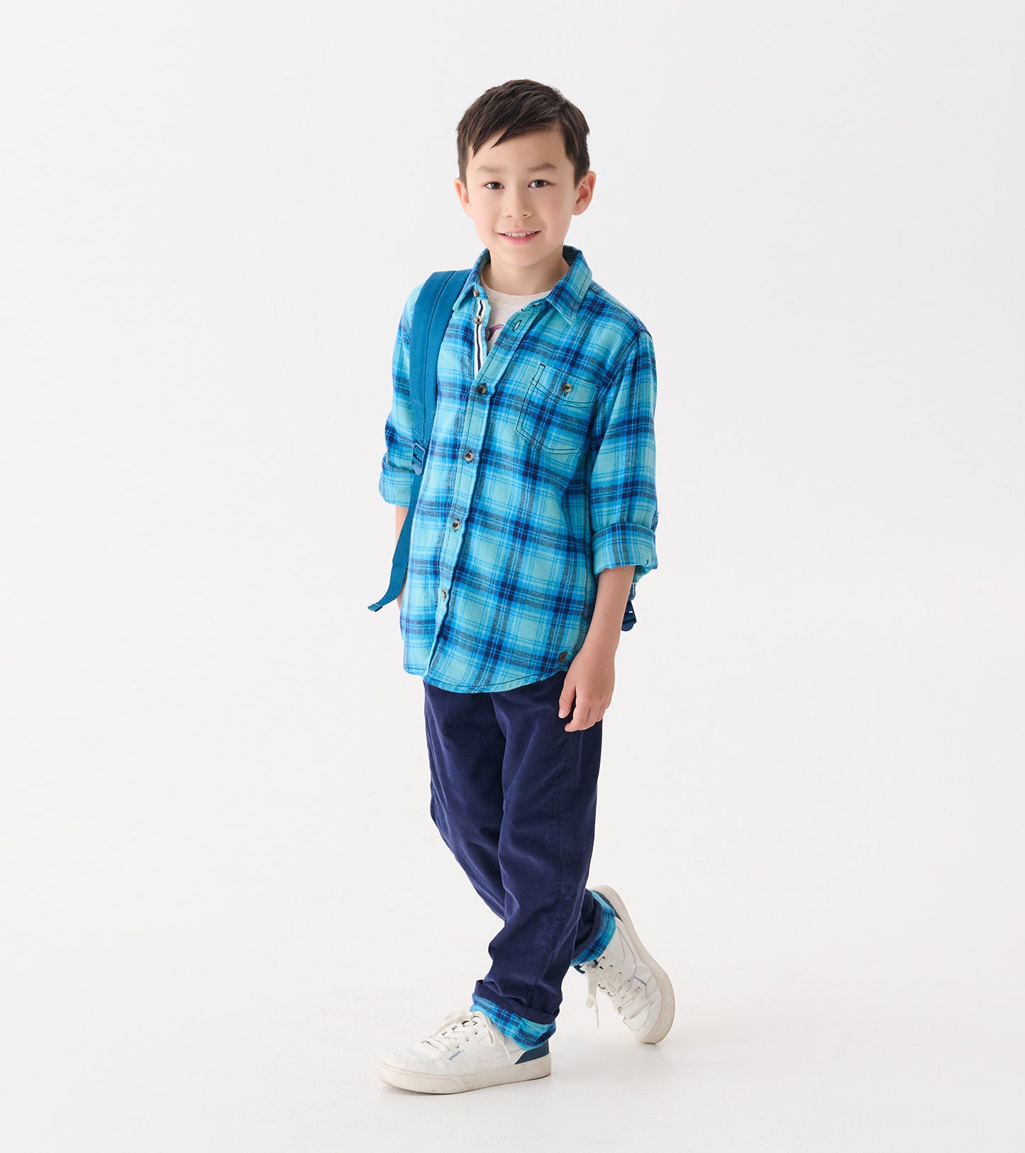 Boys Blue Stone Plaid Button Down Shirt