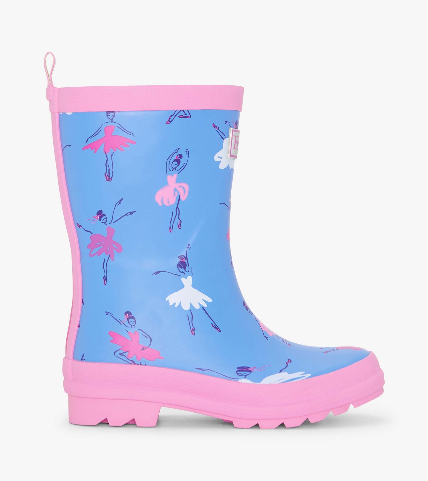 Matte blue rain boots with pink accents, featuring a ballet dancer pattern, designed for girls. Side view shown.