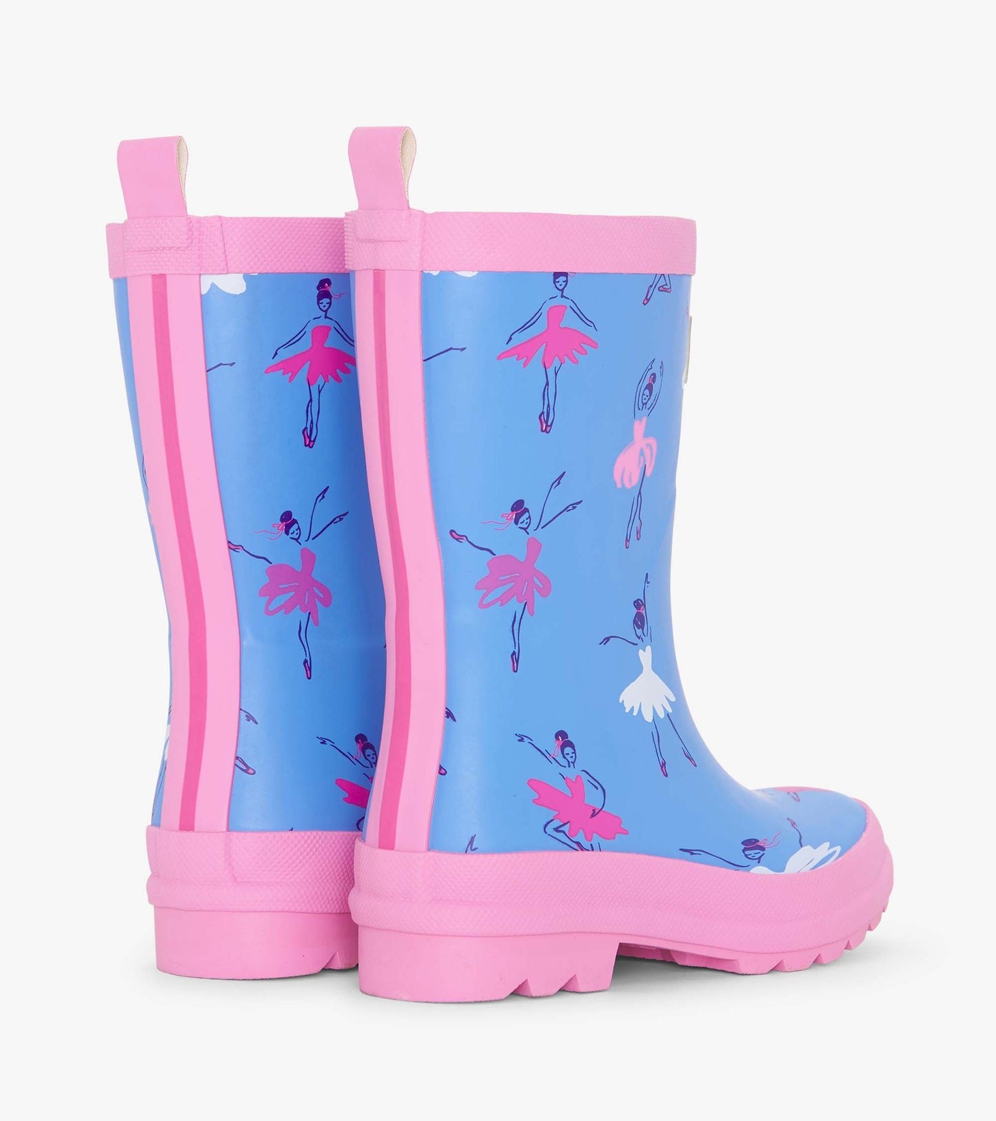 Matte blue rain boots with pink accents, featuring a ballet dancer print, designed for girls.