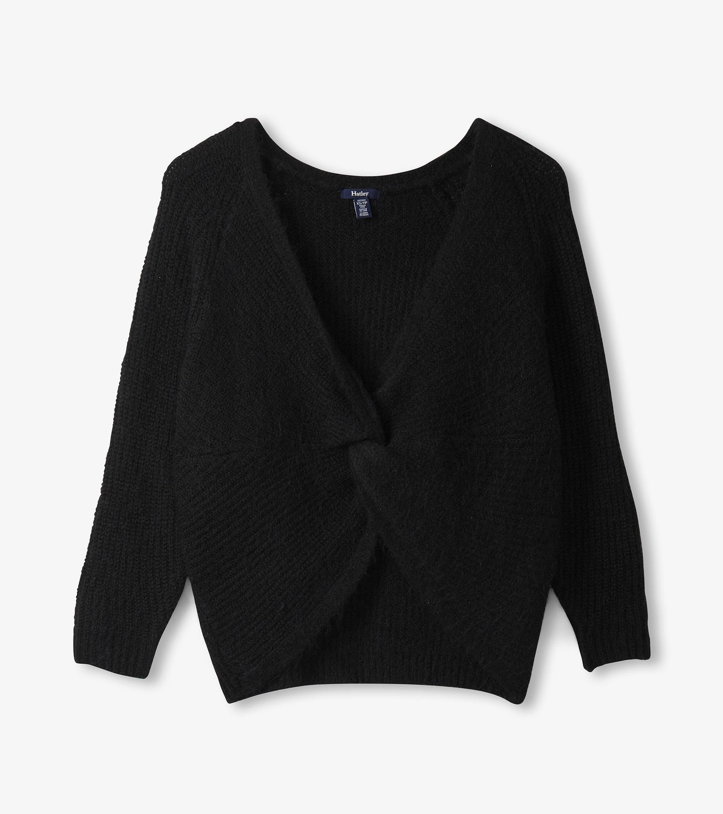 Black cross-over sweater with long sleeves and a textured knit pattern.