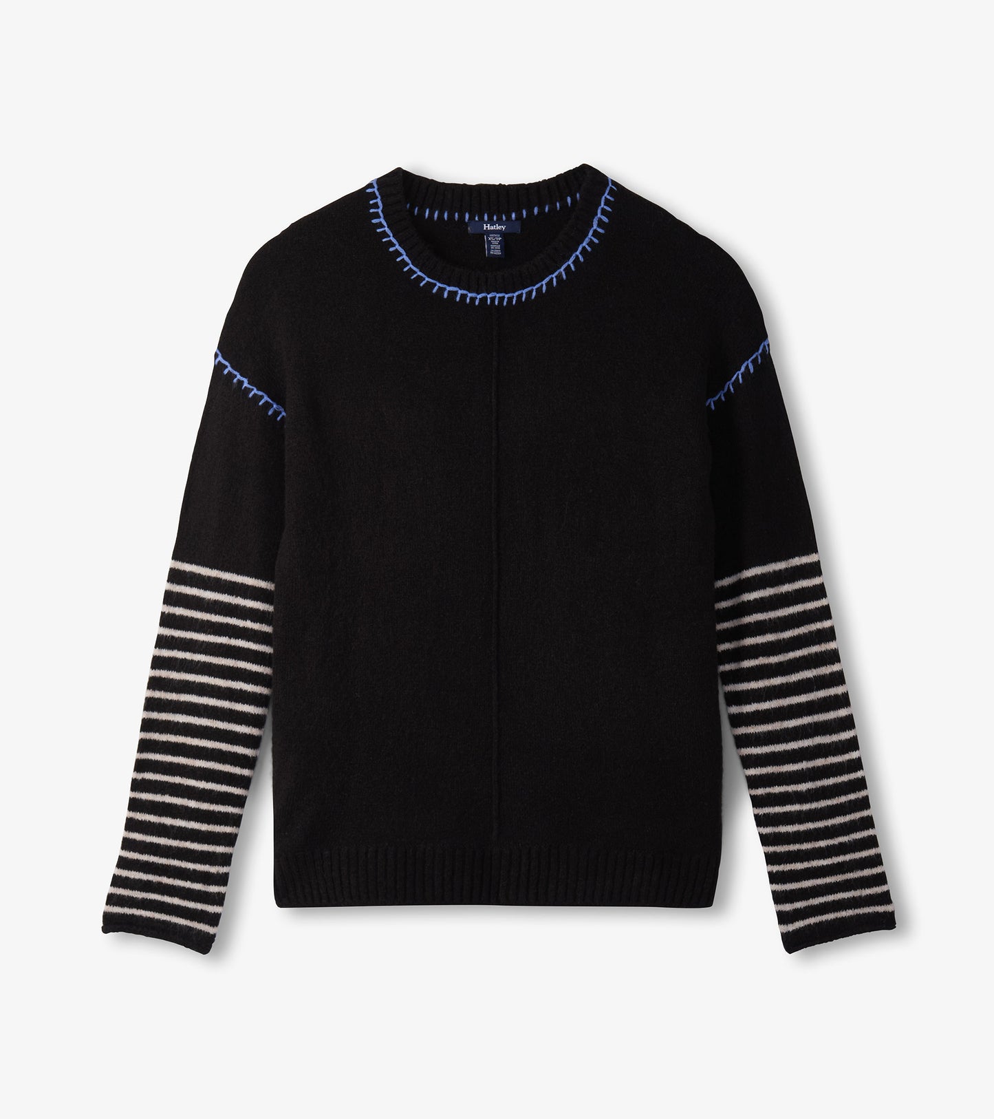 Black sweater featuring a solid body with striped sleeves and contrasting blue stitching along the neckline.