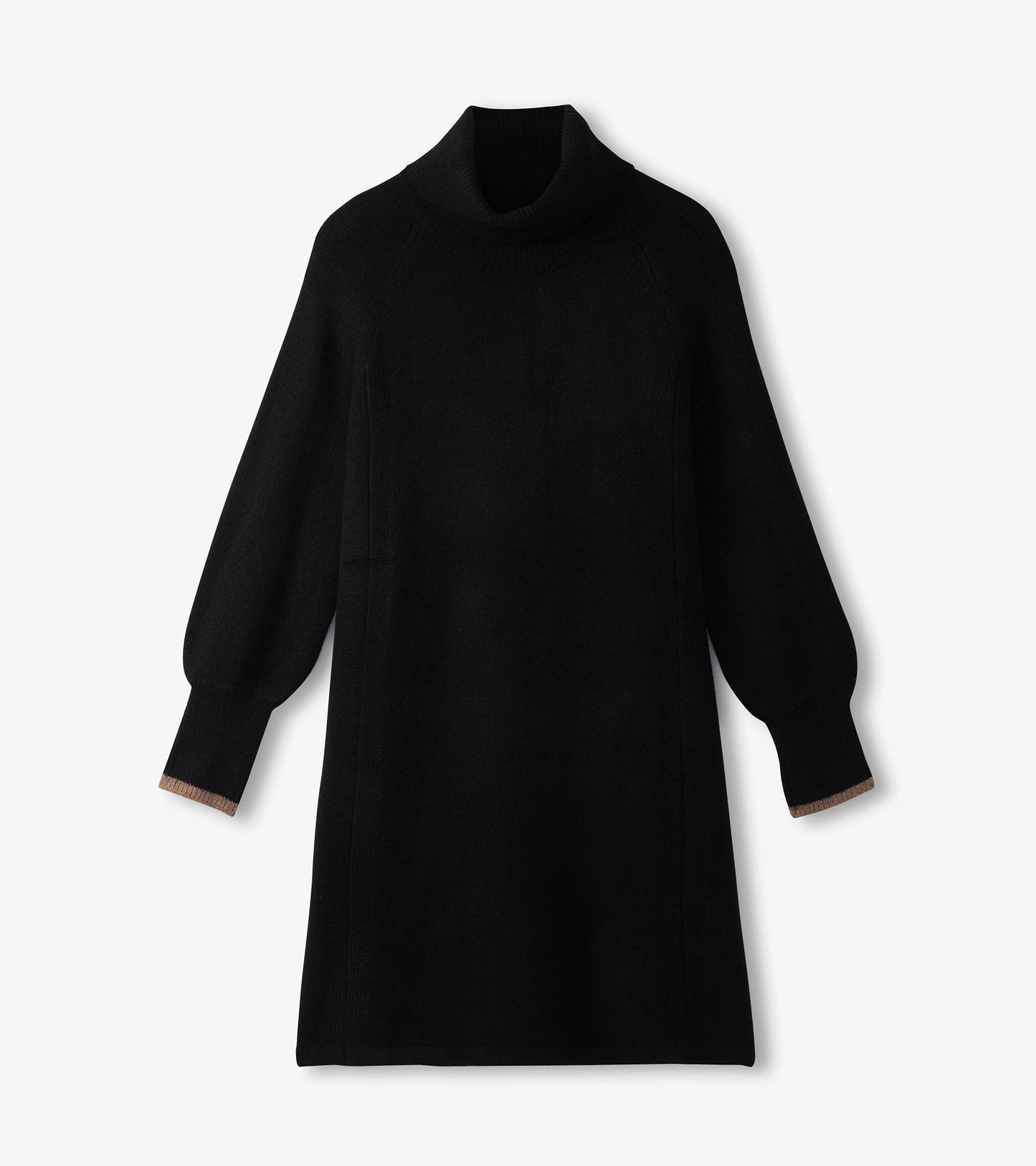 Black swing sweater dress with a high neck and puffed sleeves, featuring ribbed cuffs.