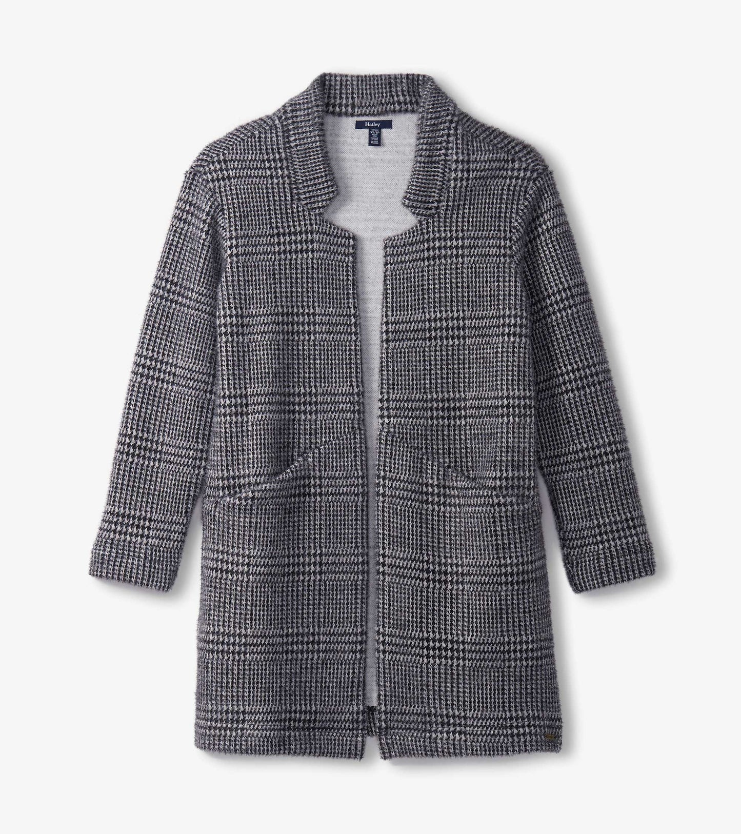 Black check open blazer with a relaxed fit, featuring a collar and two front pockets.