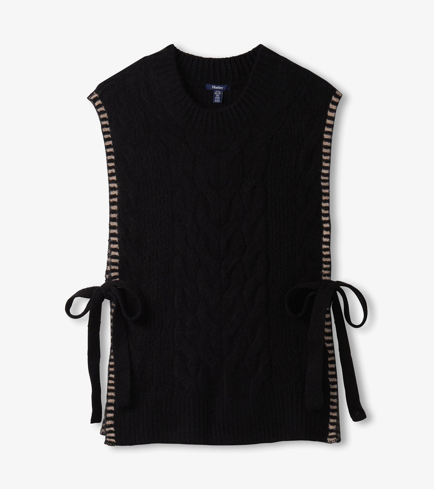 Black side-tie sweater vest featuring a cable knit design and striped trim along the sides.