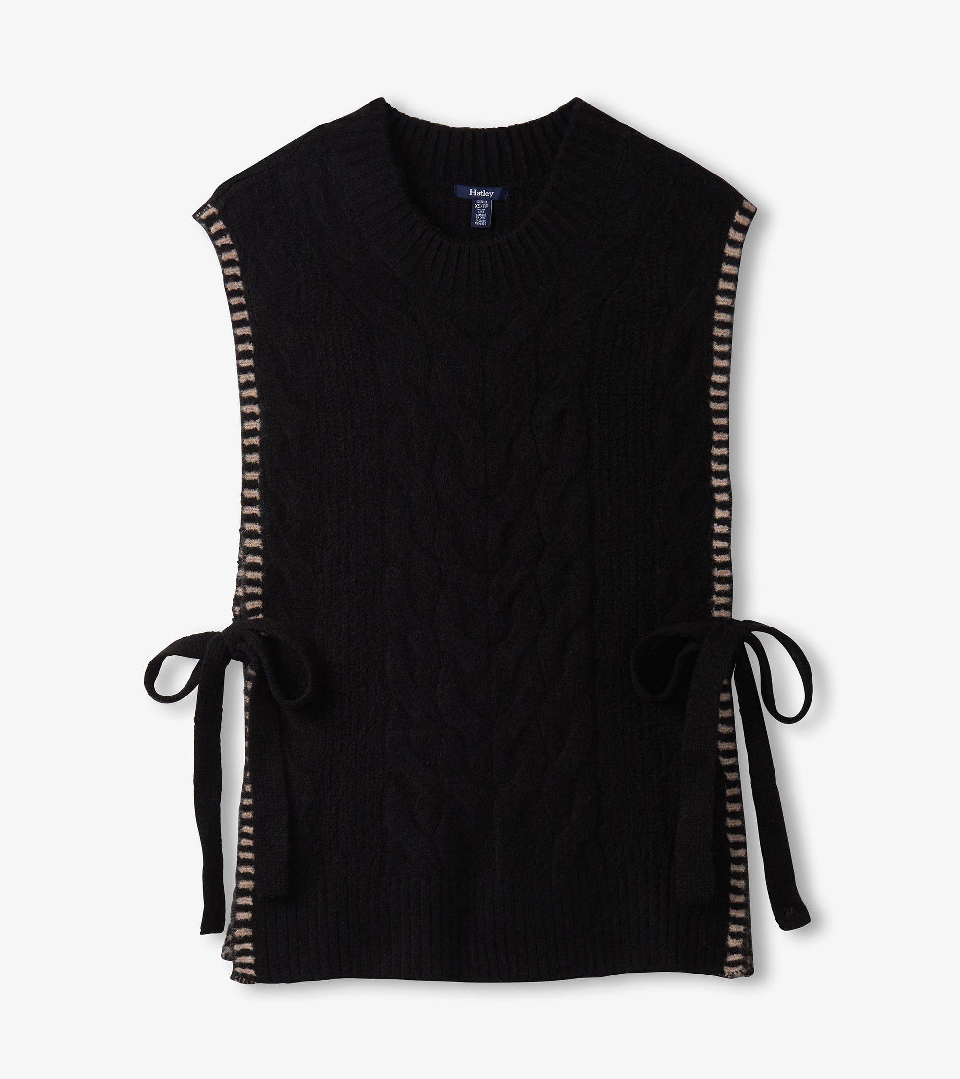 Black side-tie sweater vest featuring a cable knit design and striped trim along the sides.