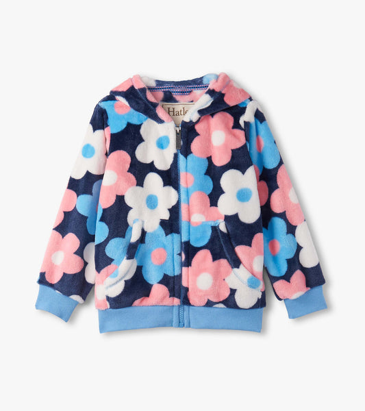 Fleece zip-up hoodie featuring a navy background with large pink, blue, and white flowers, and a blue ribbed hem.