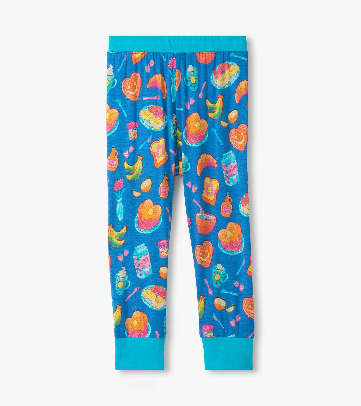 Blue bamboo pajama set featuring colorful breakfast-themed prints, including pancakes, fruit, and milk, with elastic cuffs.