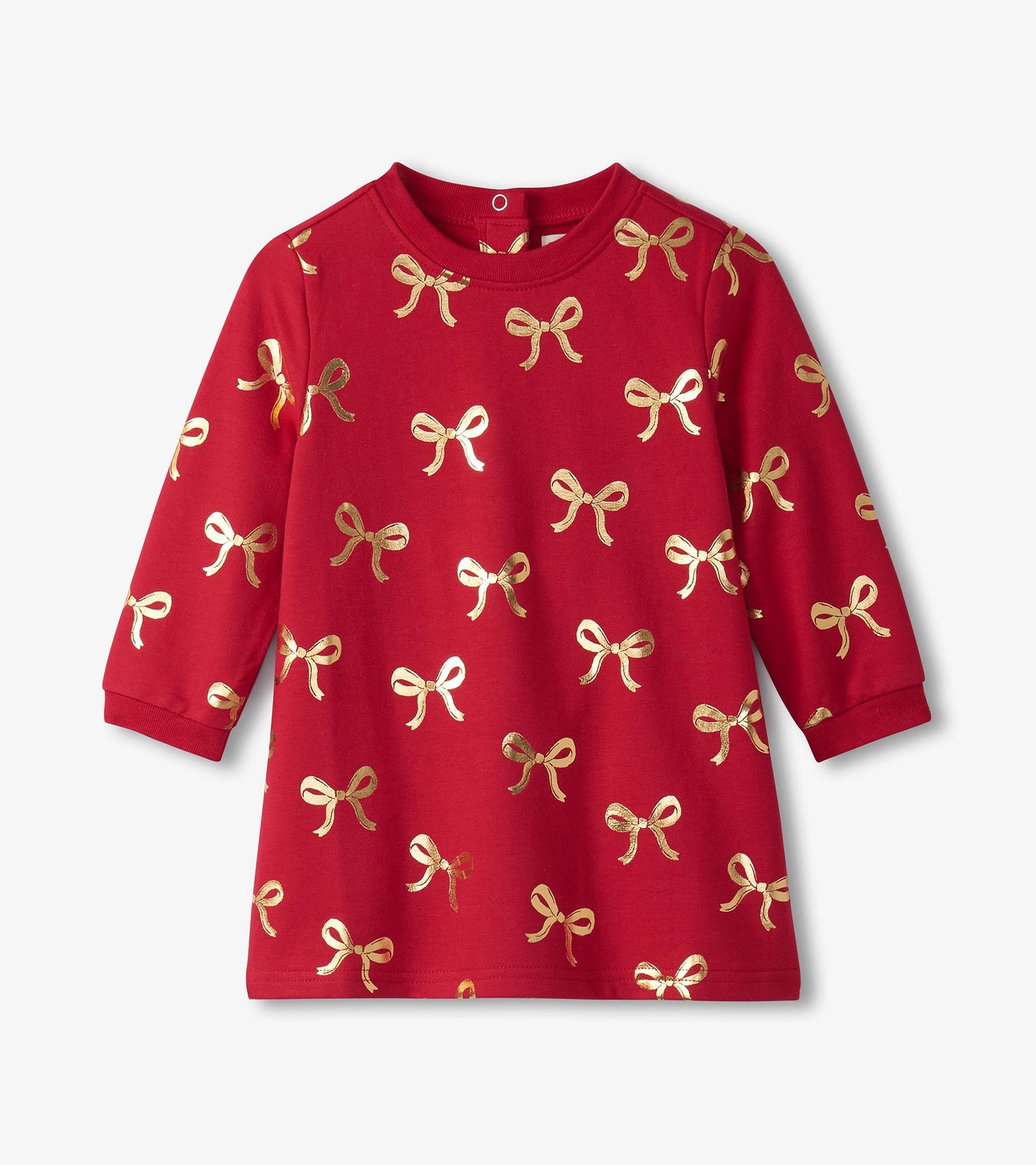 Red dress featuring a pattern of gold ribbons, long sleeves, and a round neckline, suitable for baby and toddler girls.