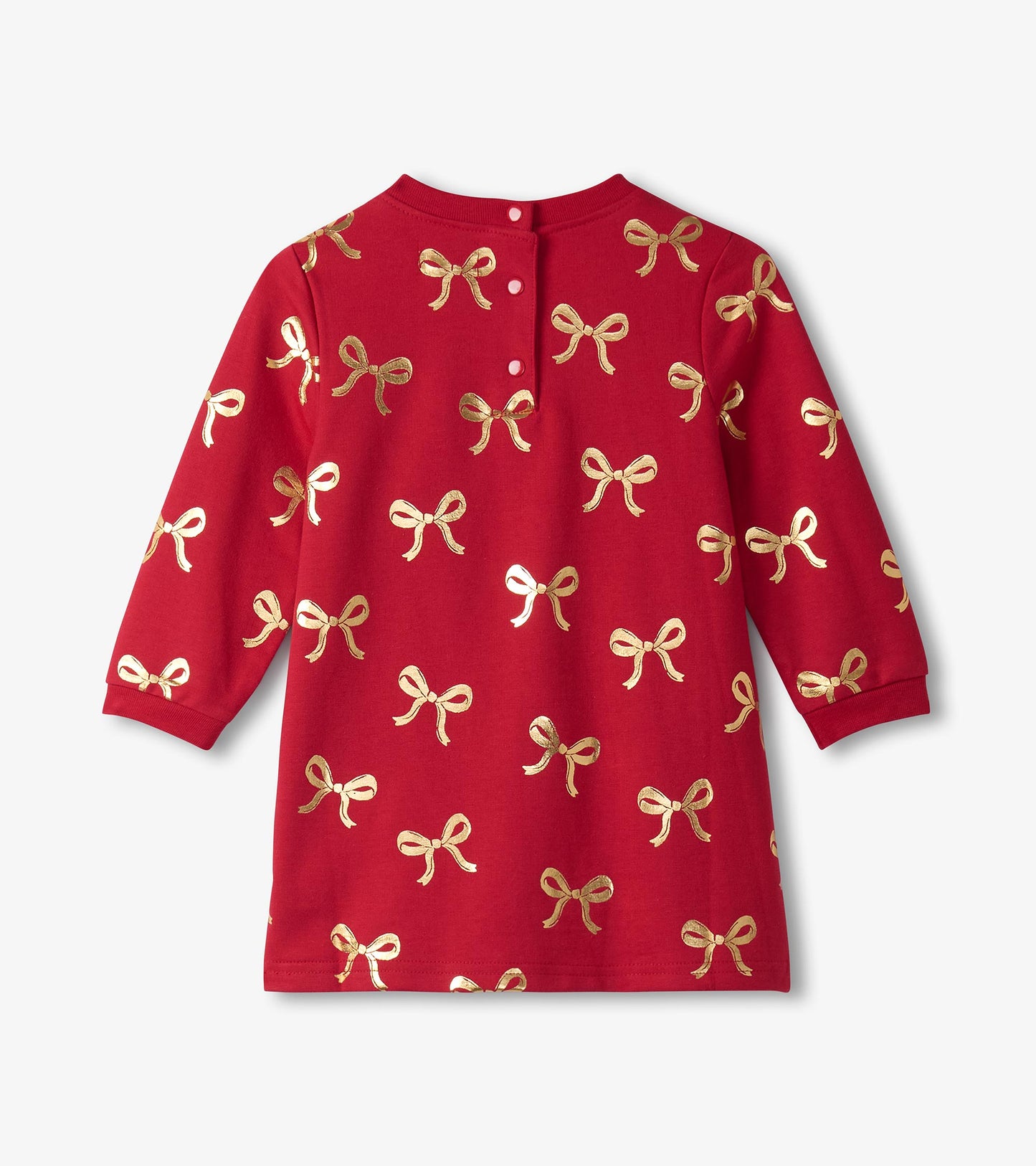 Red dress with gold ribbon pattern, featuring long sleeves and a button closure at the back. Suitable for baby and toddler g…