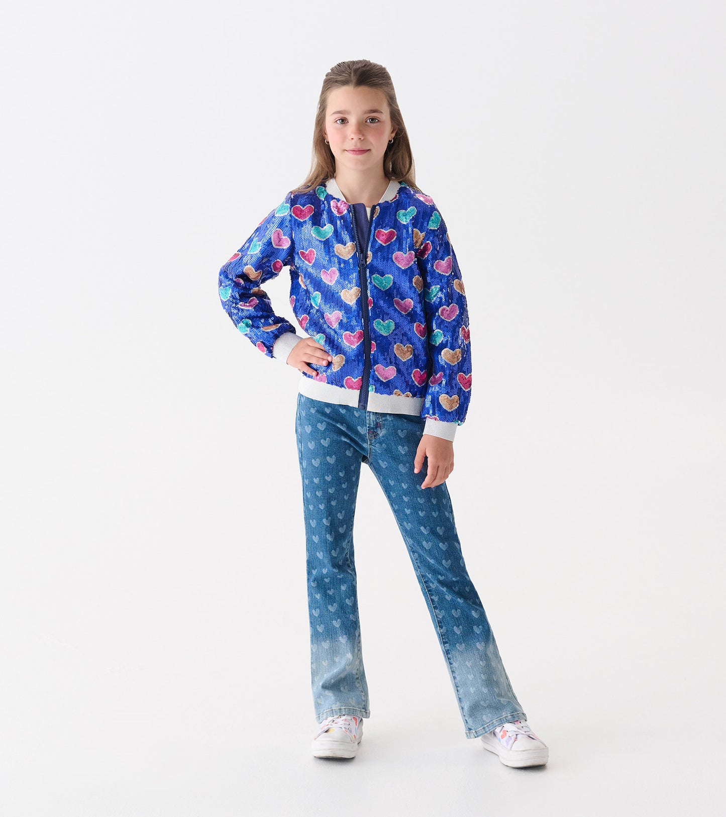 Girls Bursted Hearts Sequin Bomber Jacket