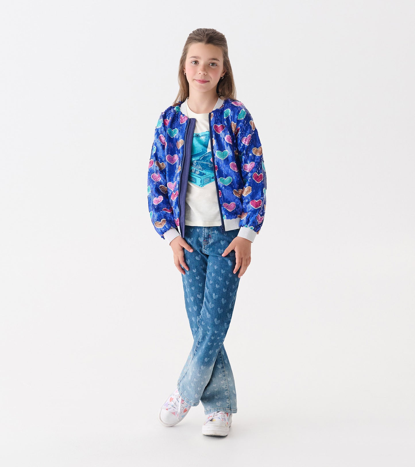 Girls Bursted Hearts Sequin Bomber Jacket