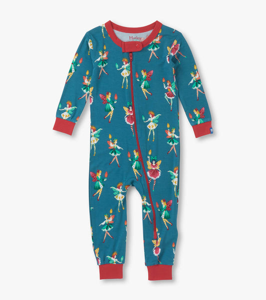 Teal bamboo sleeper featuring colorful fairy print, long sleeves, and red trim, suitable for baby girls.