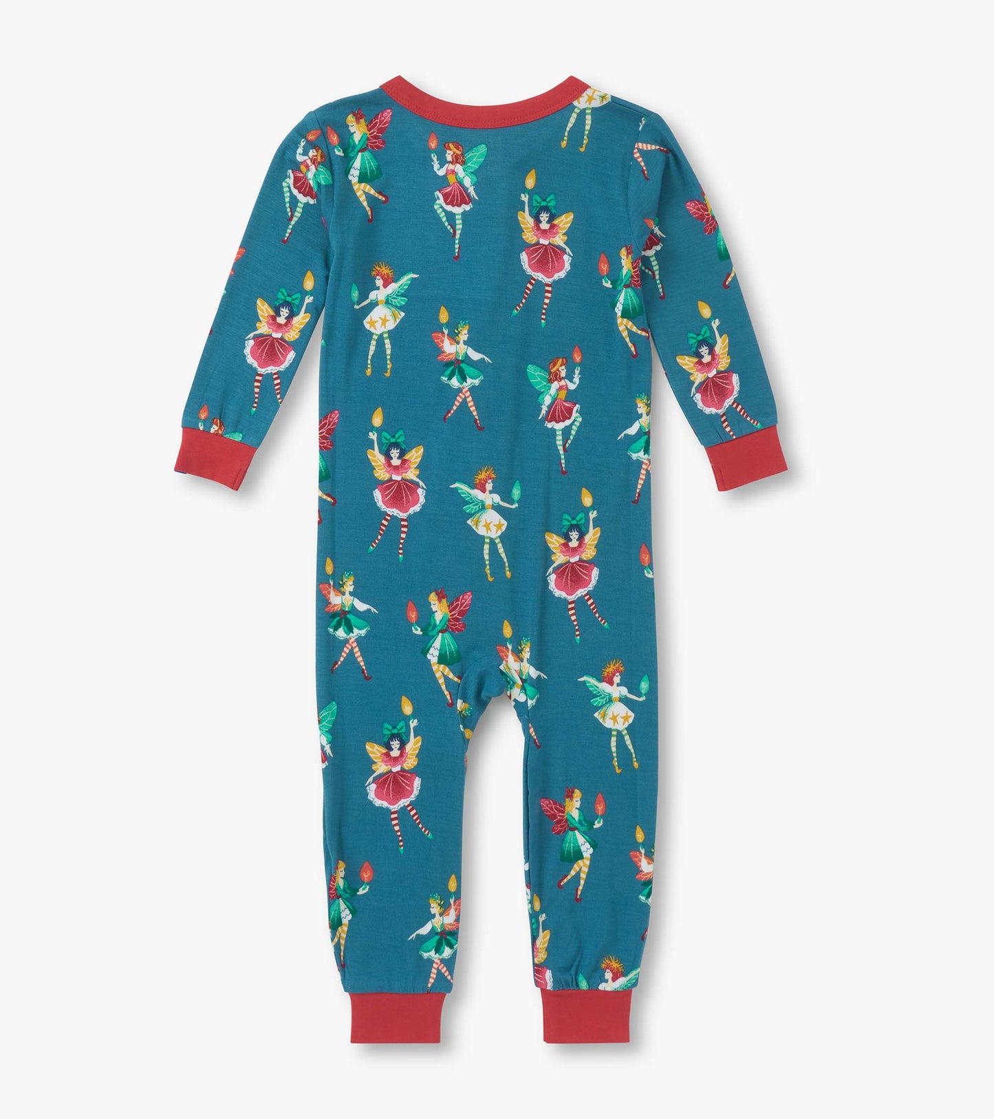 Bright blue bamboo sleeper featuring colorful fairy prints and red trim, designed for baby girls.