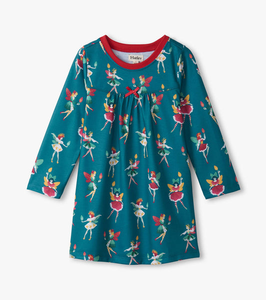 Teal long sleeve nightdress featuring colorful fairy prints and a red neckline, perfect for girls' sleepwear.