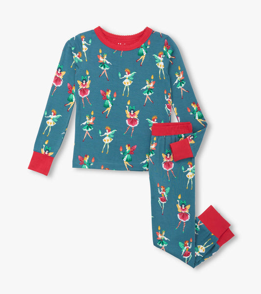 Teal bamboo pajama set featuring colorful fairy prints, long sleeves, and red cuffs, suitable for girls.