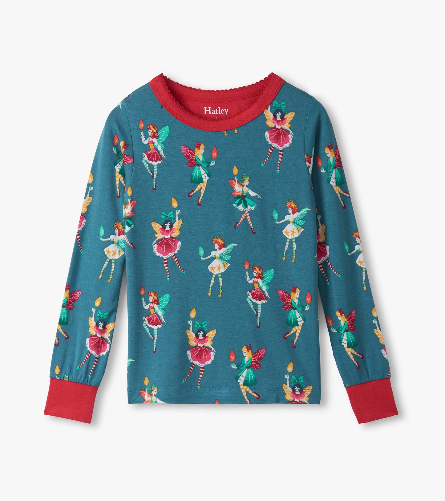 Teal long-sleeve pajama top featuring colorful fairy illustrations and a red neckline. Ideal for sleepwear.