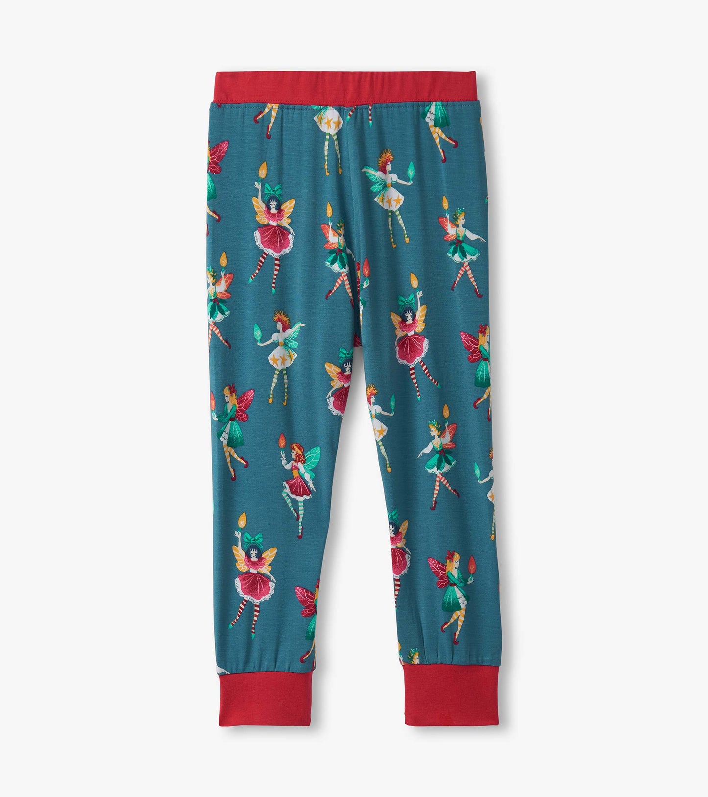 Teal bamboo pajama pants featuring colorful fairy prints and red cuffs, perfect for sleepwear.