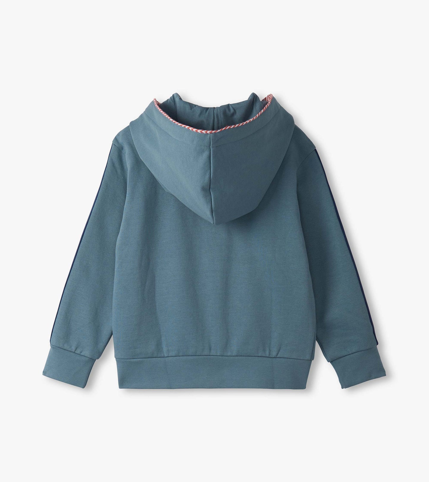 Blue zip-up hoodie for boys featuring a hood and ribbed cuffs, shown from the back.