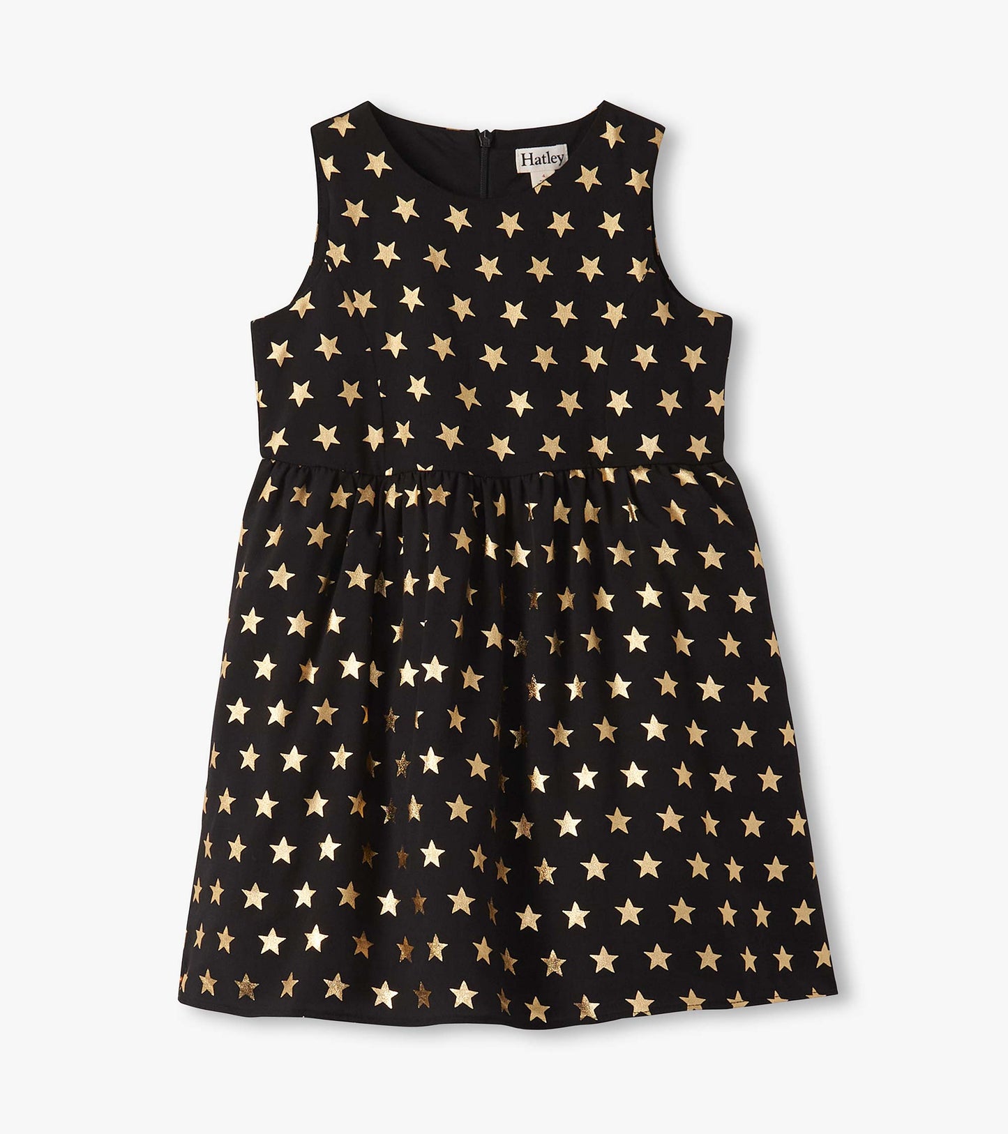 Black sleeveless dress with a gathered skirt, featuring a gold star pattern throughout.