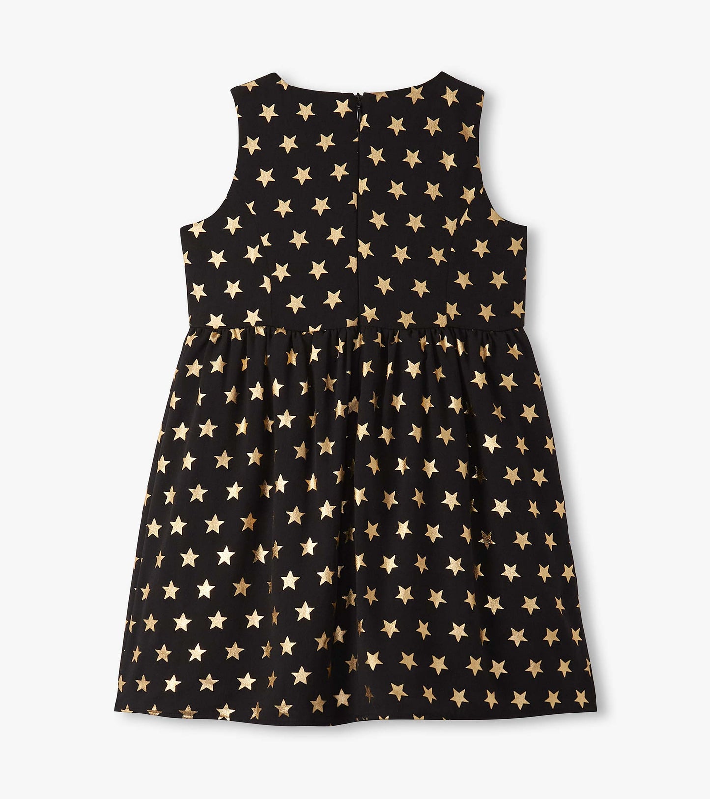 Black sleeveless dress featuring a gold star pattern, with a gathered skirt for a playful look.