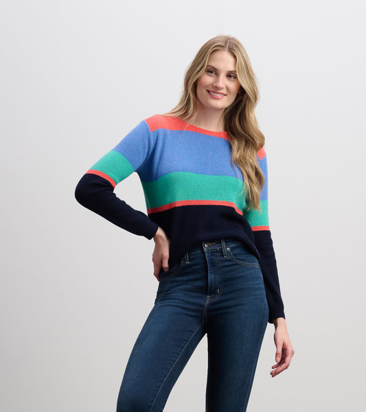Bright colorblock striped sweater featuring blue, green, coral, and navy colors, with a relaxed fit and long sleeves.