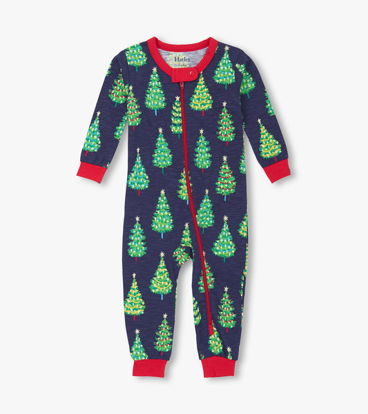 Navy cotton sleeper for baby boys featuring a festive tree pattern and red trim, with a front zipper closure.